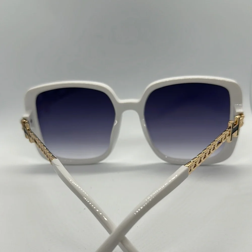 Chic Oversized Square Sunglasses - White Frame, Gold Accents, UV Protection NWT